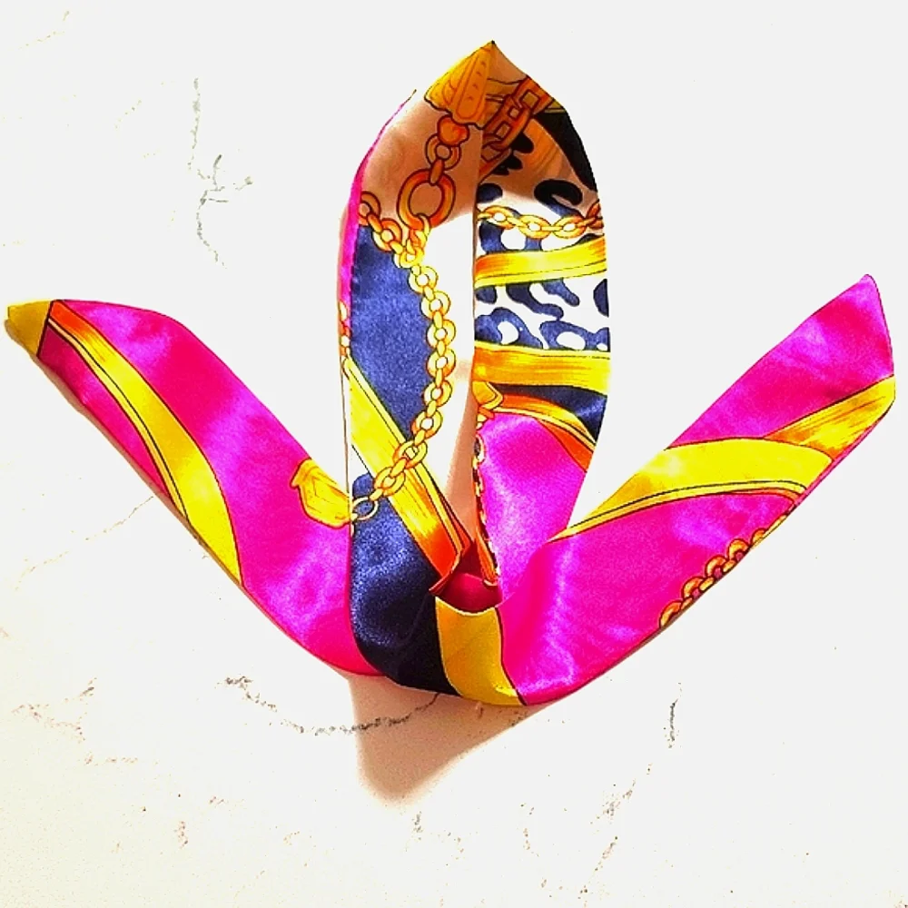 🆕Vibrant LUX Satin Scarf-Twill w Leopard Hot Pink Chain Mixed Design NWT